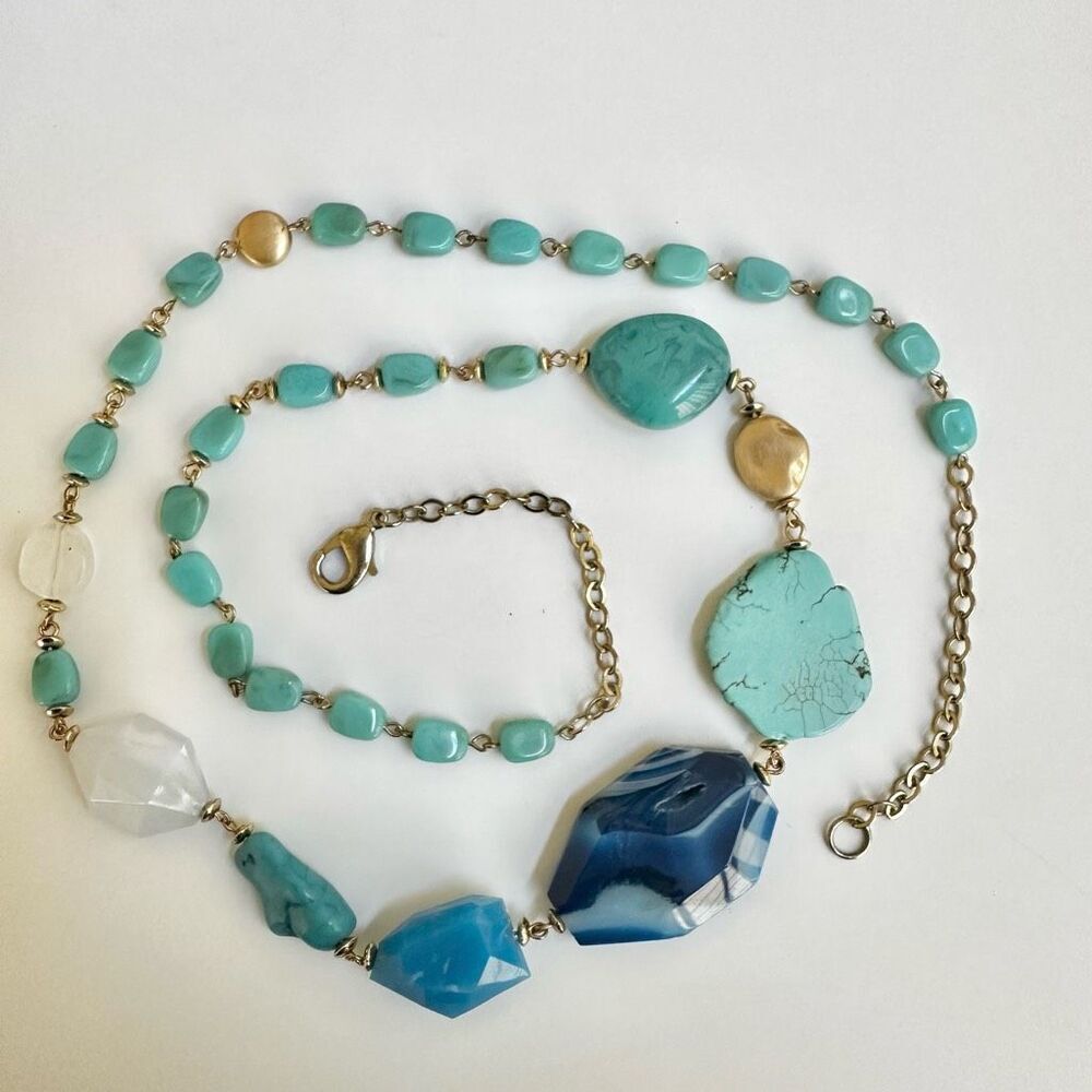 Long blue beaded necklace